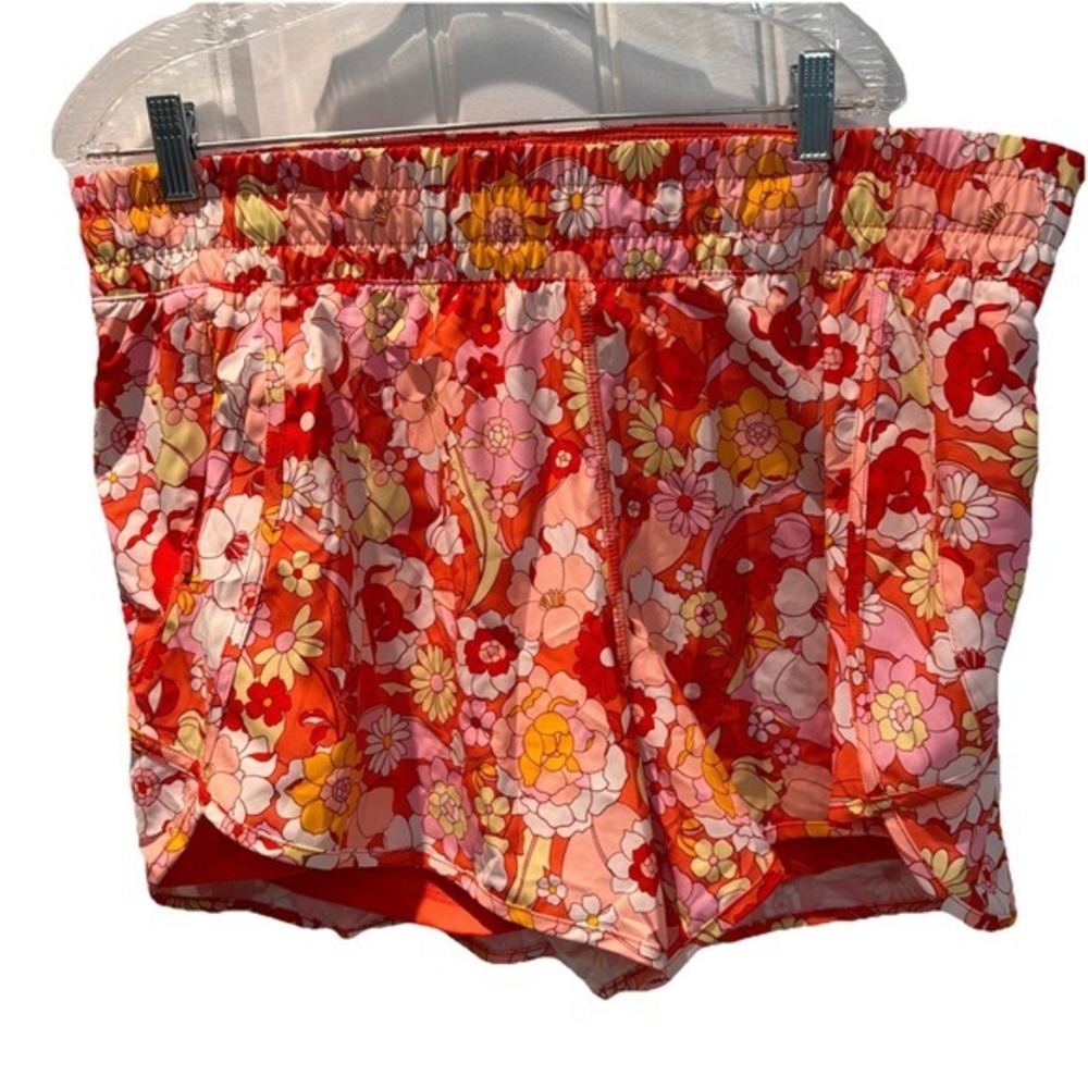 Avia Womens Orange Floral Running Lined Shorts XL Stretch Waist Zip Pocket  5051
